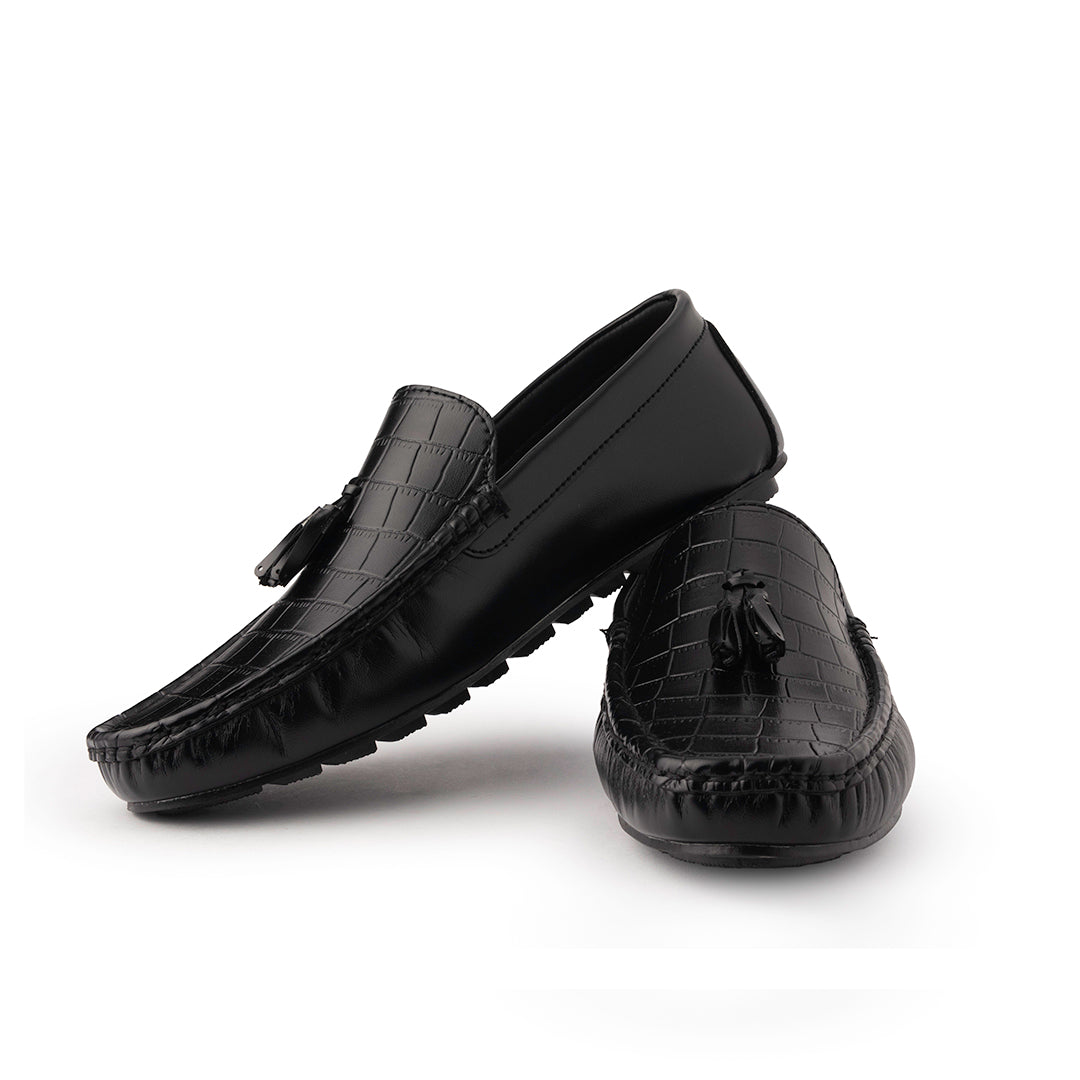 New Textured Black Loafers - AY-097