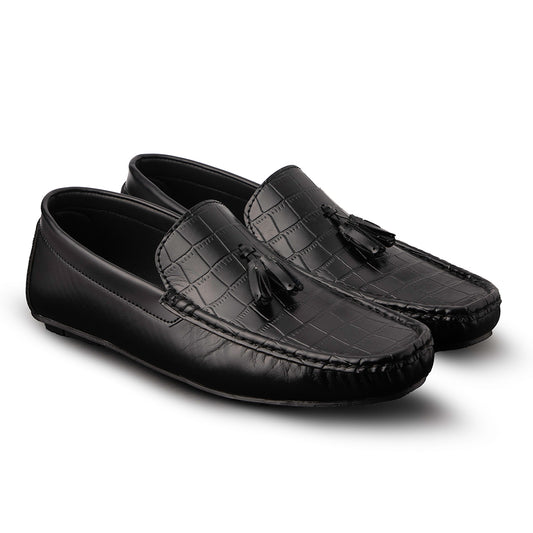 New Textured Black Loafers - AY-097
